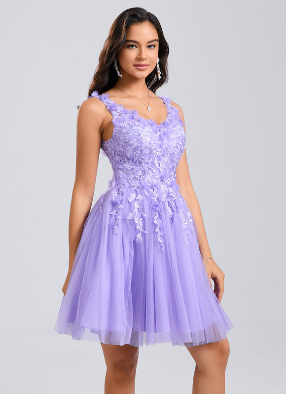 Robe Pastel Lavande Col V Dentelle Tulle - gallery 3