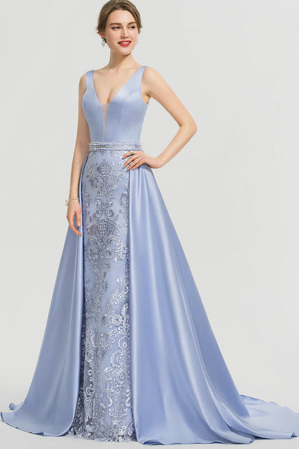 Robe Pastel Bleu Col V Traîne Dentelle - gallery 4