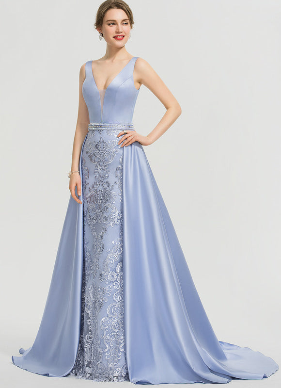 Robe Pastel Bleu Col V Traîne Dentelle - gallery 4
