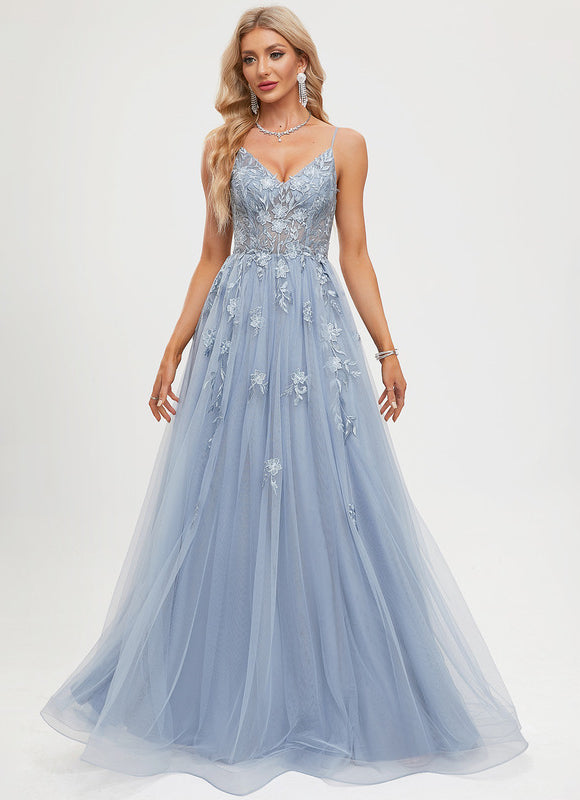 Robe Pastel Bleu Col V Tulle Longue