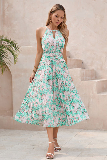 Robe Pastel Verte Imprimée Fleuri Midi - gallery 1