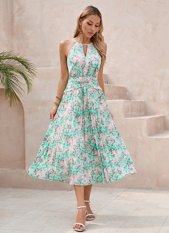 Robe Pastel Verte Imprimée Fleuri Midi - gallery 1