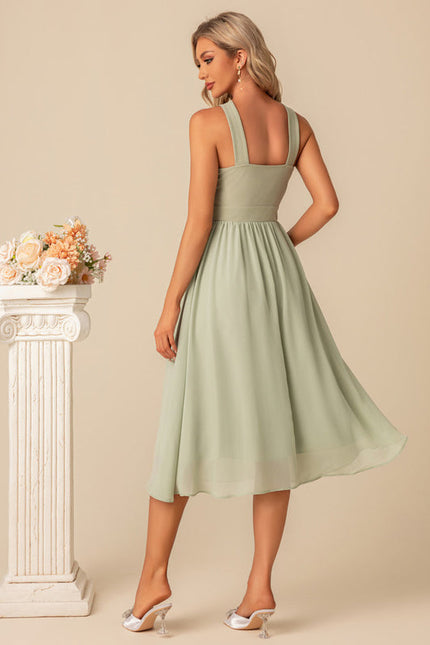 Robe Pastel Verte Mousseline Midi Élégante - gallery 4