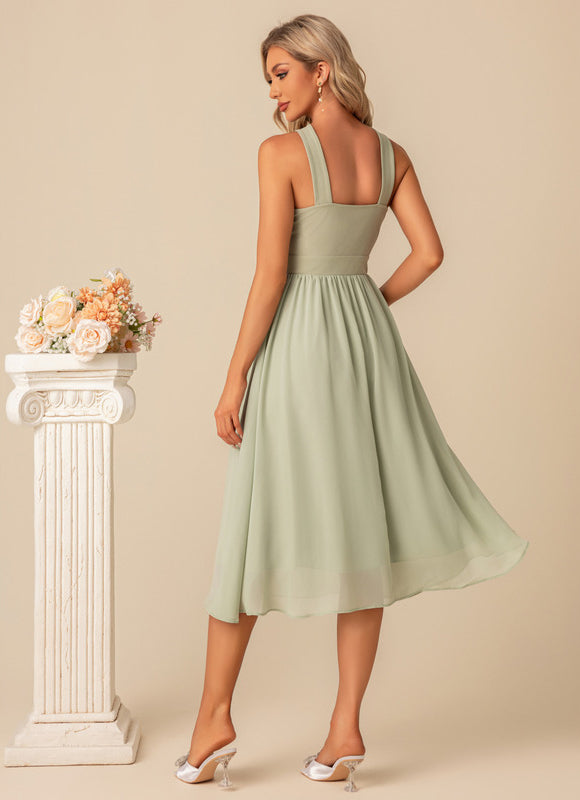 Robe Pastel Verte Mousseline Midi Élégante - gallery 4