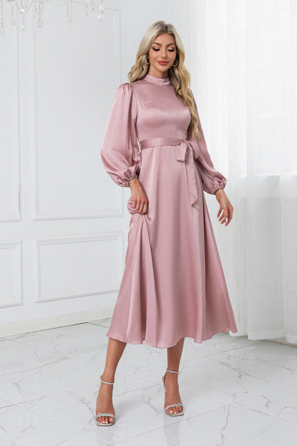 Robe Pastel Rose Satin Col Montant