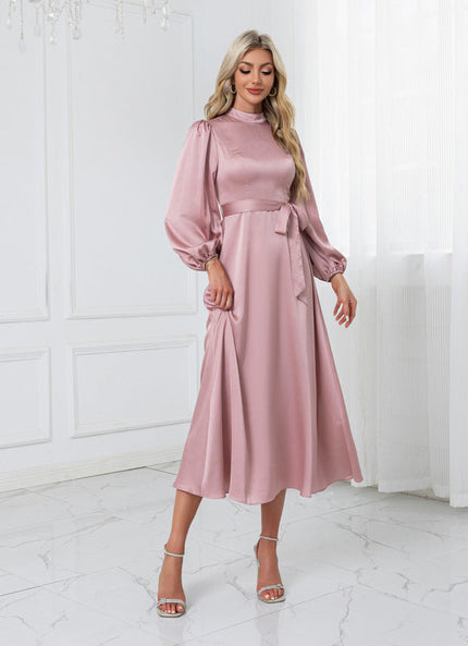 Robe Pastel Rose Satin Col Montant