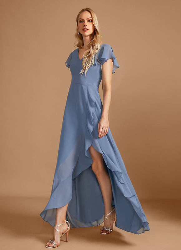 Robe Pastel Bleu Asymétrique Col V Volants - gallery 3