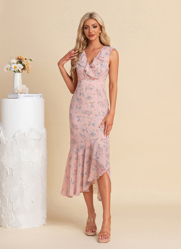 Robe Pastel Rose À Volants Fleurie