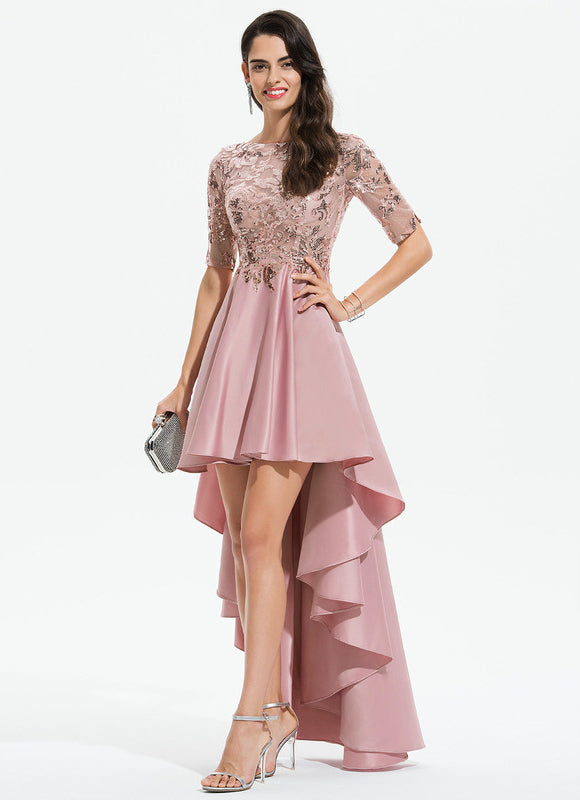 Robe Pastel Rose Trapèze Satin Paillettes - gallery 3