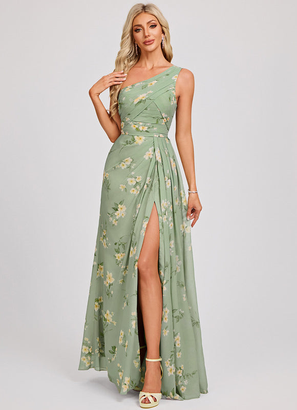 Robe Pastel Bleu Décolleté Asymétrique Longue - gallery 2