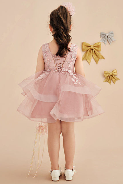 Robe Pastel Rose En Tulle Avec Dentelle - gallery 4