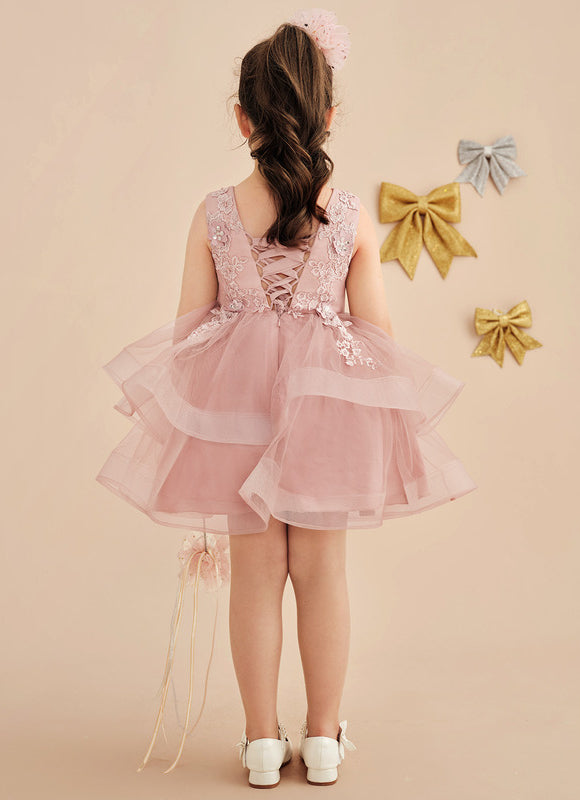 Robe Pastel Rose En Tulle Avec Dentelle - gallery 4