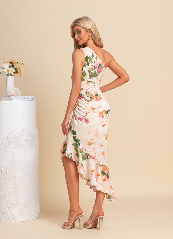 Robe Pastel Fleurie Décolleté Asymétrique Crème - gallery 5