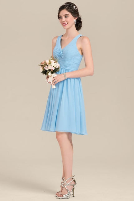 Robe Pastel Bleu Col V Trapèze Mousseline - gallery 1