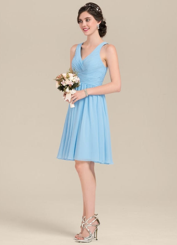 Robe Pastel Bleu Col V Trapèze Mousseline - gallery 1