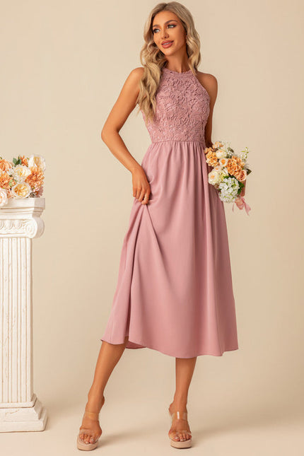 Robe Pastel Rose Dentelle Trapèze Midi - gallery 2