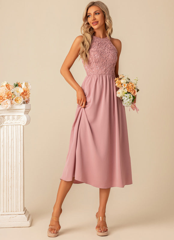 Robe Pastel Rose Dentelle Trapèze Midi - gallery 2
