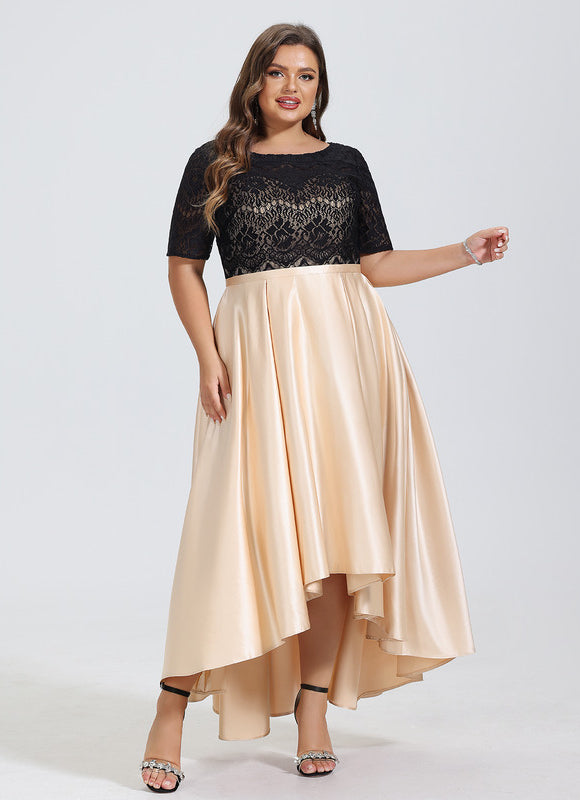 Robe Pastel Beige Trapèze Satin Dentelle - gallery 8