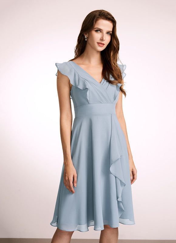 Robe Pastel Bleu Col V Mousseline Volants - gallery 4