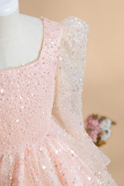 Robe Pastel Rose Paillettes Col Carré - gallery 5