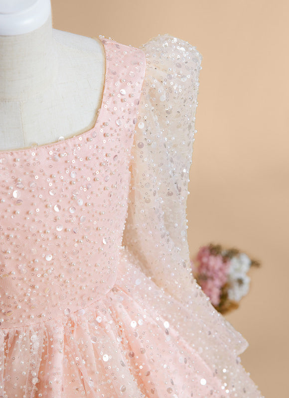 Robe Pastel Rose Paillettes Col Carré - gallery 5