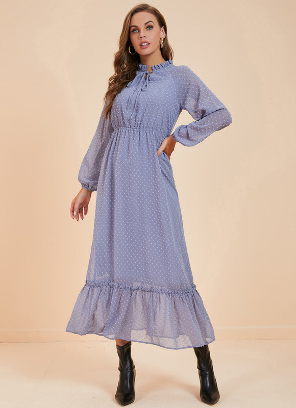 Robe Pastel Bleu Col Montant Volantée - gallery 5