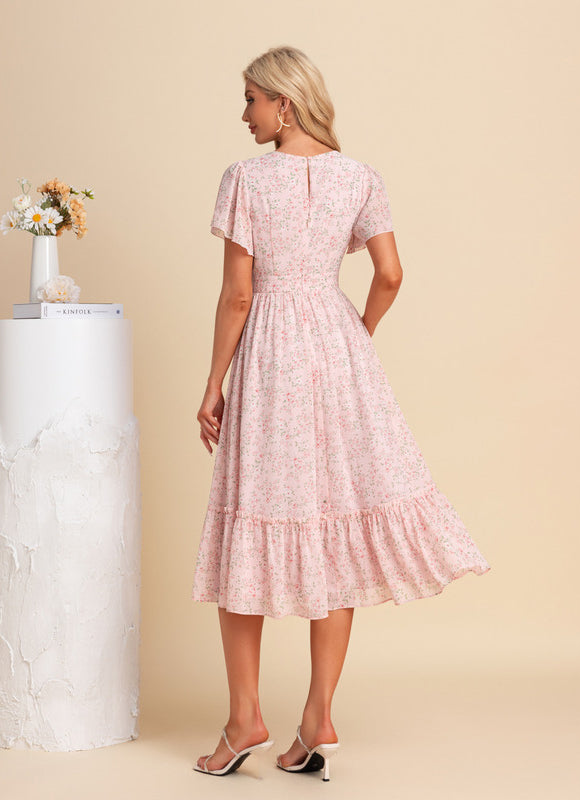 Robe Pastel Fleurie Rose Midi Volants - gallery 1