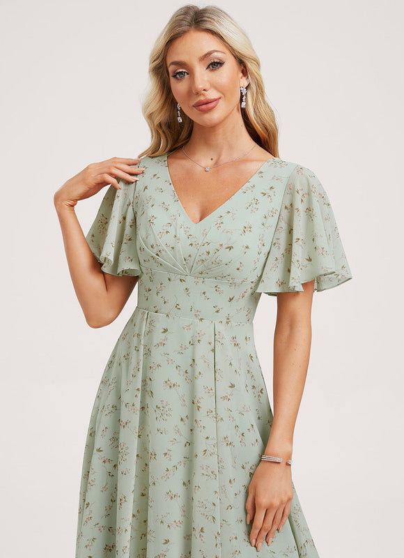 Robe Pastel Bleu Asymétrique Col V Volants - gallery 1