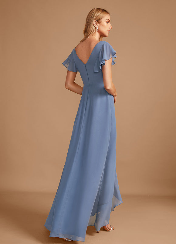 Robe Pastel Bleu Asymétrique Col V Volants - gallery 5