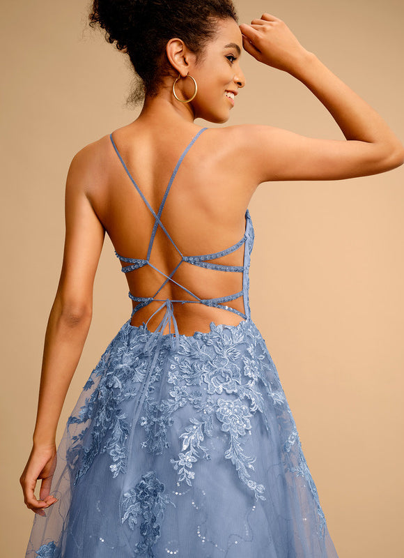 Robe Pastel Bleu Col Carré Tulle Paillettes - gallery 1