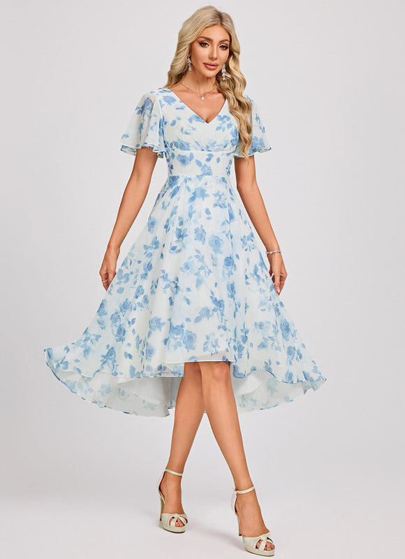Robe Pastel Bleu Asymétrique Col V Volants