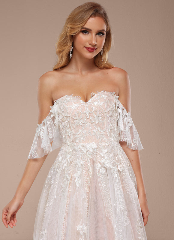 Robe Pastel Rose Épaules Dénudées Traîne Longue - gallery 7