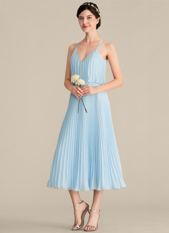 Robe Pastel Bleu Col V Trapèze Plissée - gallery 3