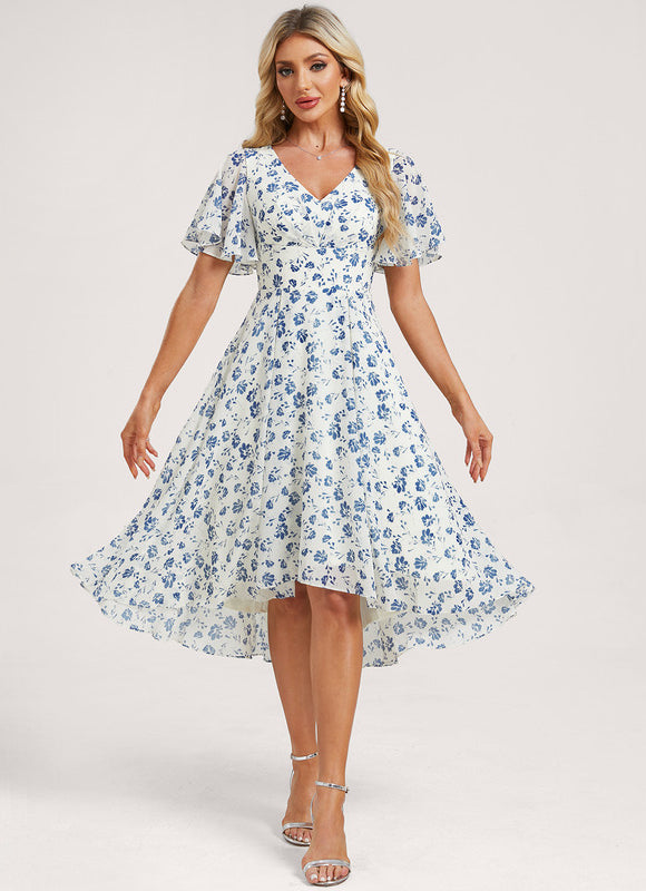 Robe Pastel Bleu Asymétrique Col V Volants - gallery 3