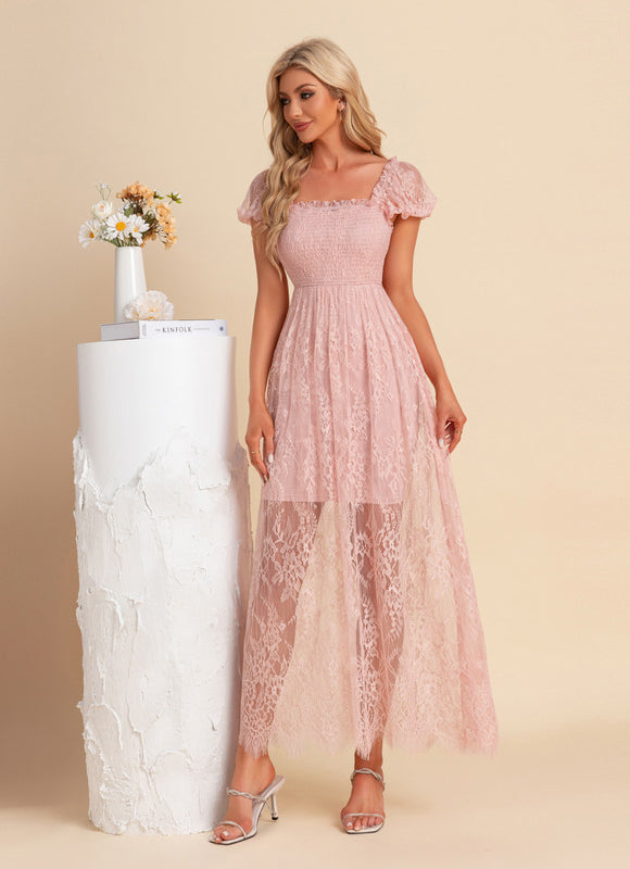Robe Pastel Rose Dentelle Maxi Élégante - gallery 2