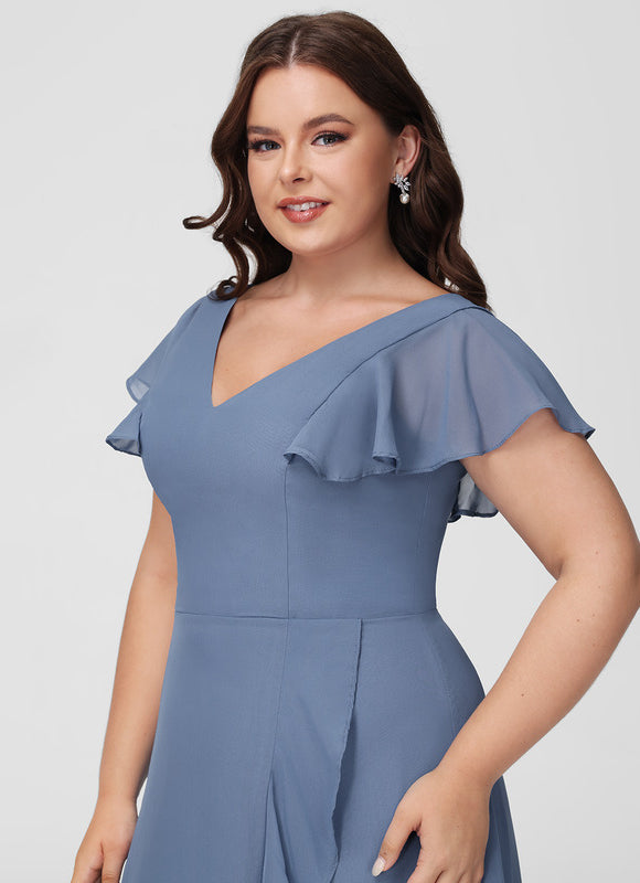 Robe Pastel Bleu Asymétrique Col V Volants - gallery 9