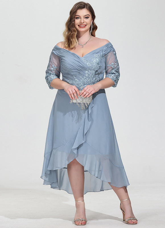 Robe Pastel Bleu Asymétrique Dentelle Élégante - gallery 7