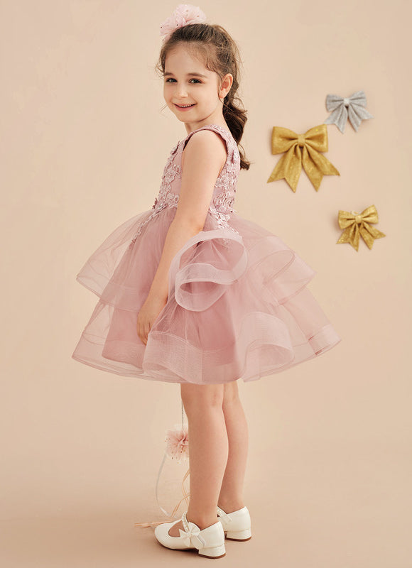 Robe Pastel Rose En Tulle Avec Dentelle - gallery 5