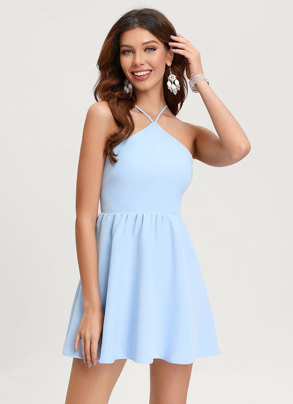 Robe Pastel Bleu Licou Mini Trapèze - gallery 3