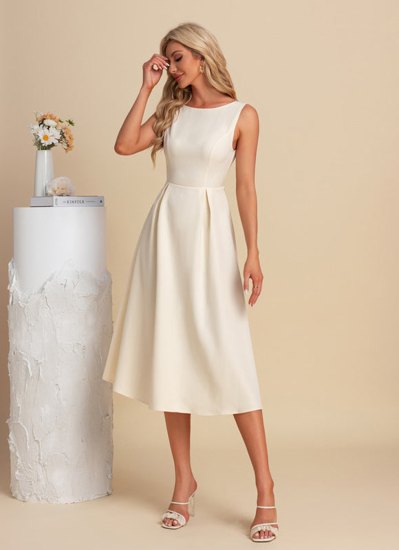 Robe Pastel Crème Col Bateau Midi - gallery 1