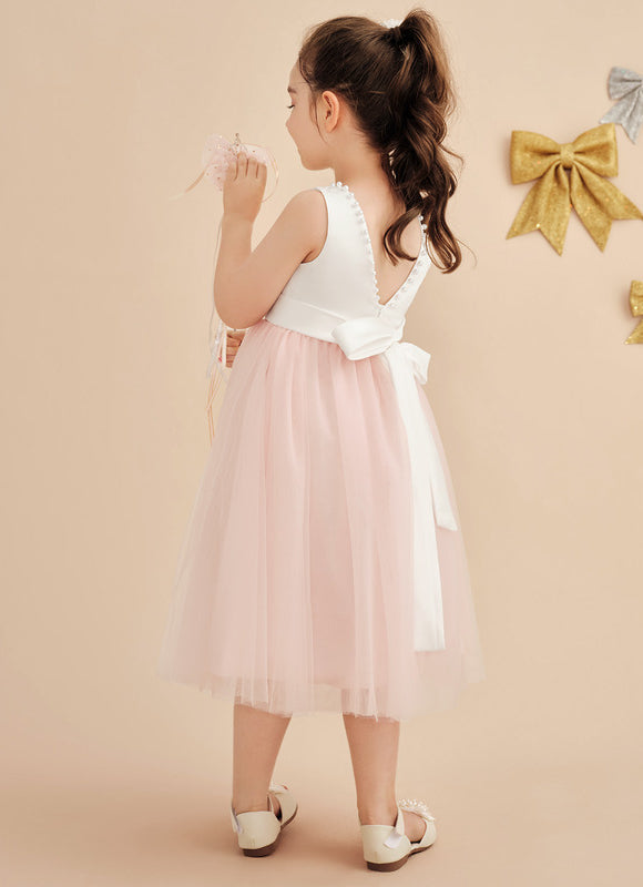 Robe Pastel Rose Satin Tulle Mariage Fille - gallery 4