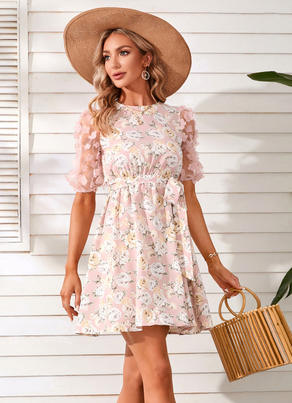 Robe Pastel Rose Fleurie Col Rond - gallery 5
