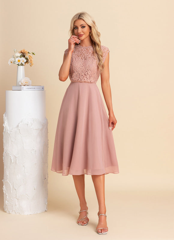 Robe Pastel Blush Dentelle Mousseline Midi - gallery 5