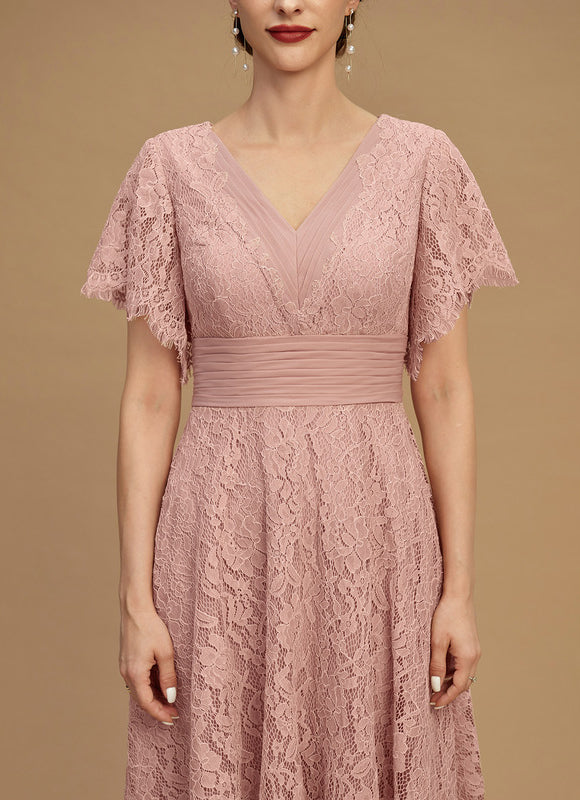 Robe Pastel Rose Col V Longueur Mollet - gallery 3