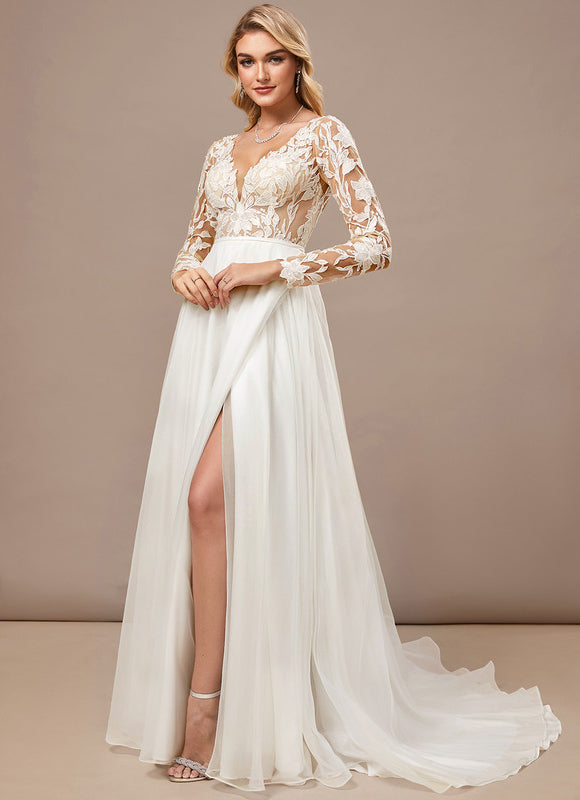 Robe Pastel Blanche Traîne Dentelle Élégante - gallery 1