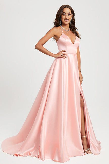 Robe Pastel Rose Col V Traîne Satin - gallery 2