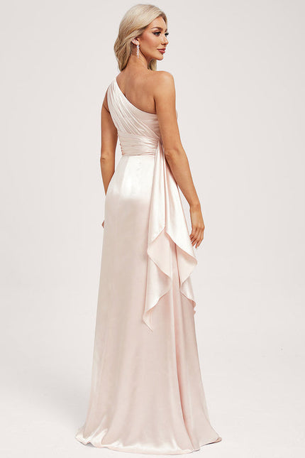 Robe Pastel Rose Décolleté Asymétrique Satin - gallery 4