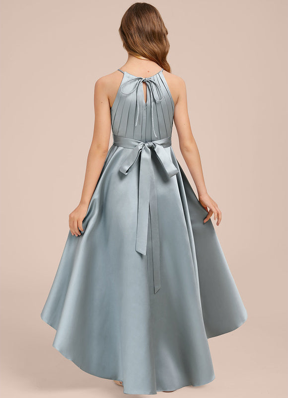 Robe Pastel Satin Bleu-Vert Trapèze Asiatique - gallery 1