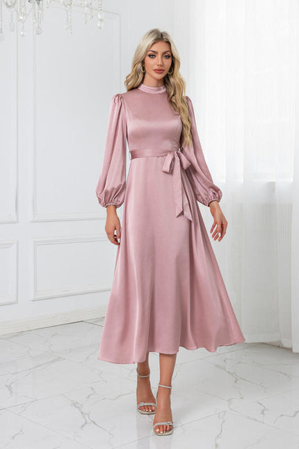 Robe Pastel Rose Satin Col Montant - gallery 1