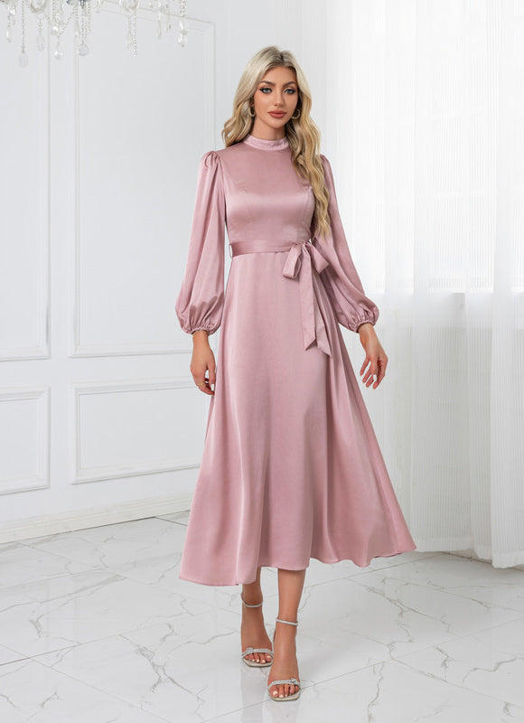 Robe Pastel Rose Satin Col Montant - gallery 1